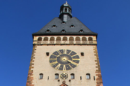 Double clock Doppeluhr des Altpörtels of the Old Gate Altpoertel Speyer Clocktower Germany Photo Alexander Krivenyshev WorldTimeZone