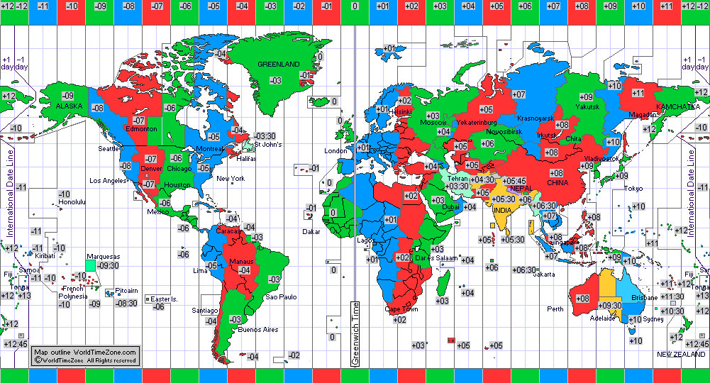 Standard Time Zone Chart Of World 1994 