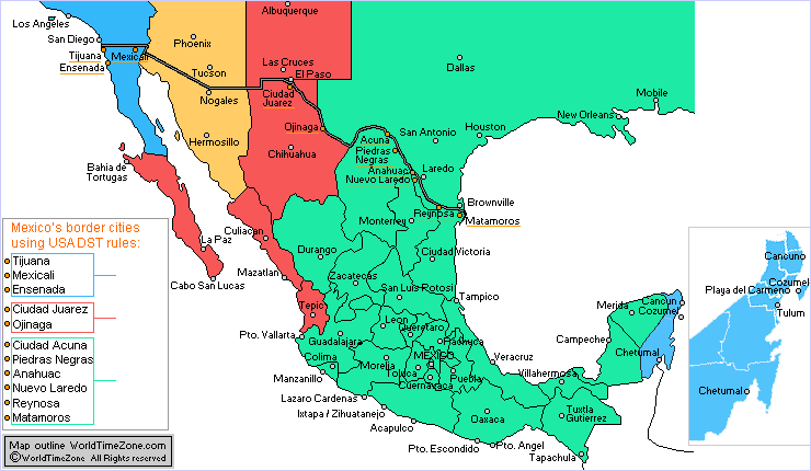 Mexico time zones map in 2015 - Quintana Roo new time zone from February 1,  2015