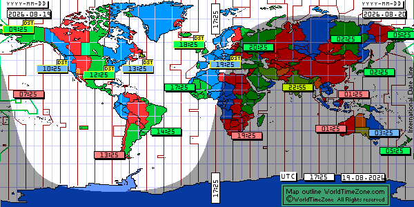 Day Night map Earth and local time around the world from WorldTimeZone