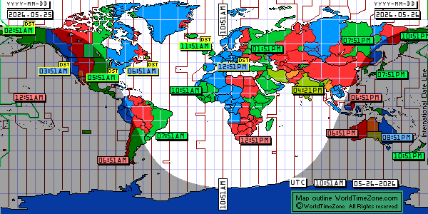 Day Night map Earth and local time around the world from WorldTimeZone