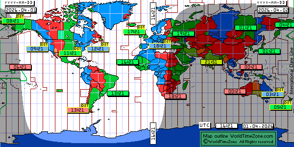 Day Night map Earth and local time around the world from WorldTimeZone